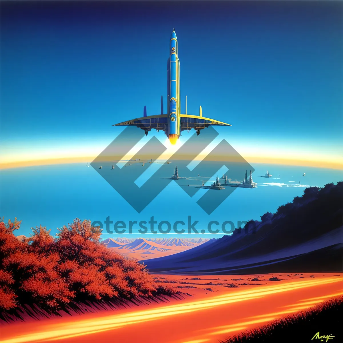 Picture of Sky-bound Spacecraft Soaring Over Cityscape at Sunset