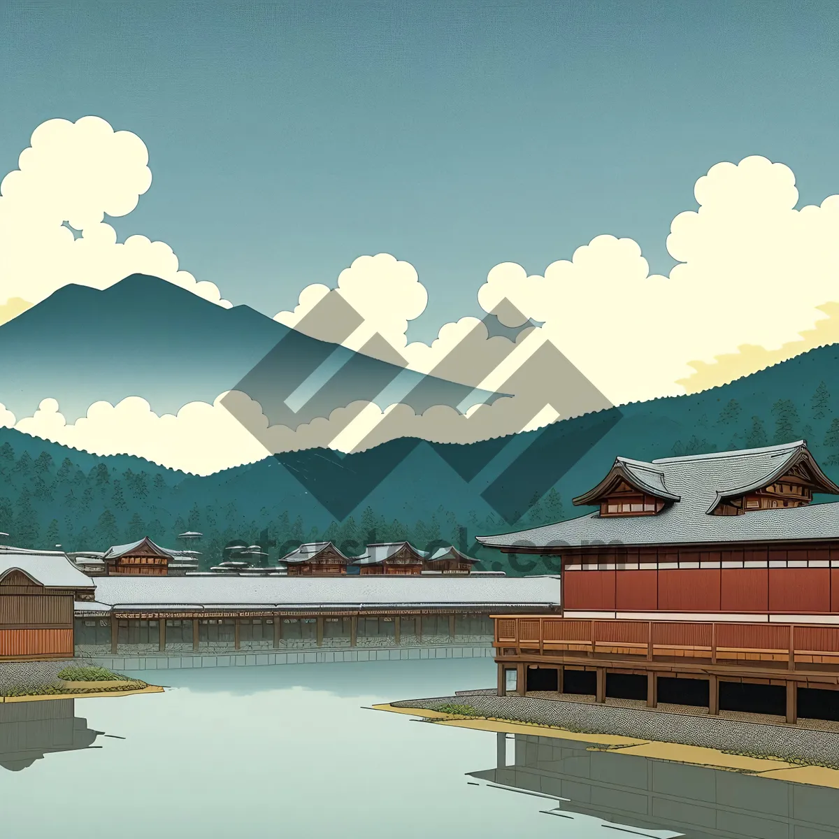 Picture of Serene Waterside Cityscape: Summer Vacation in Scenic Lake Town