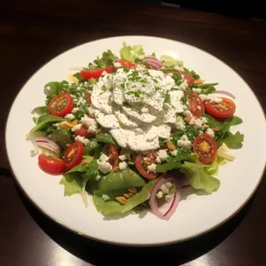 Gourmet vegetable plate with fresh salad and cheese