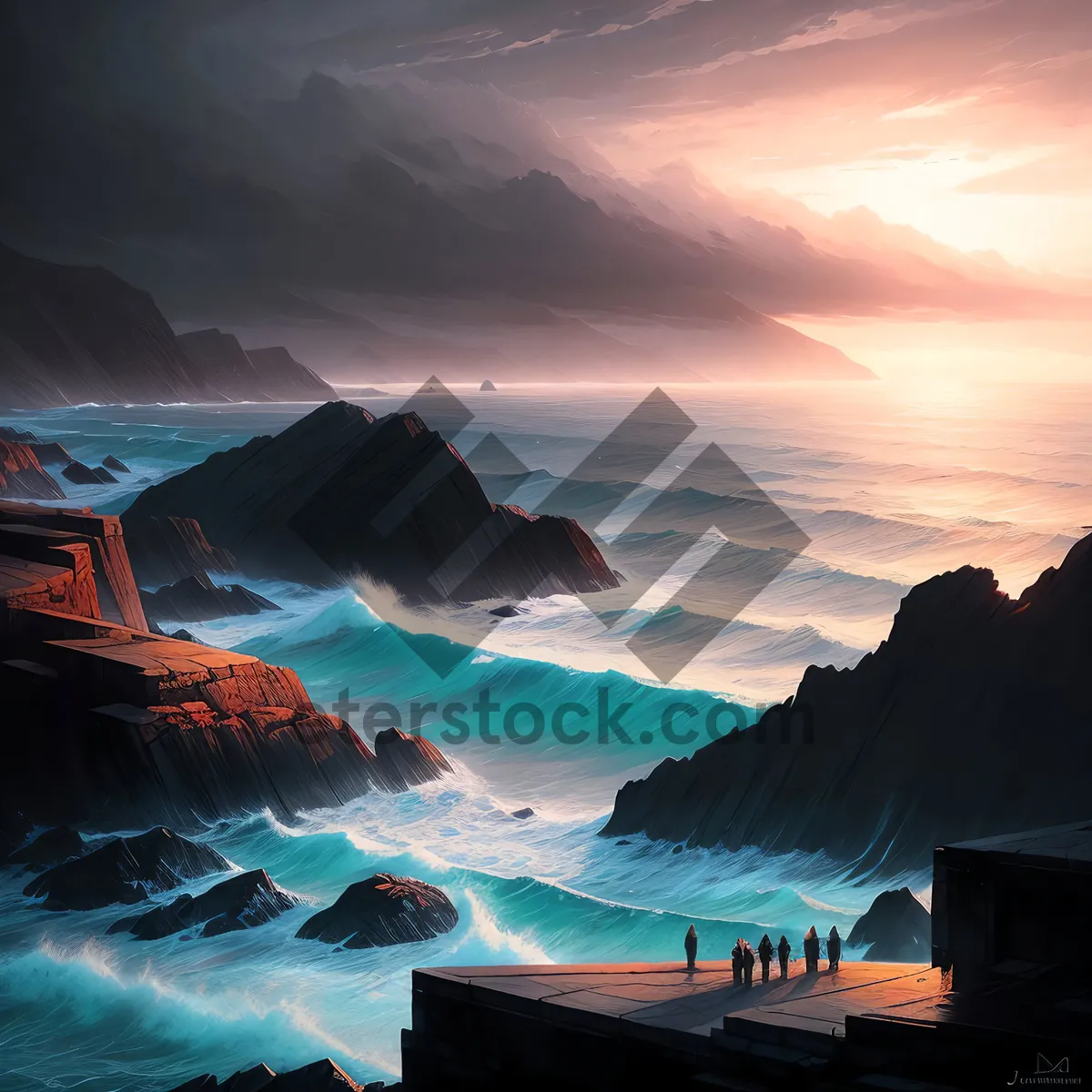 Picture of Seaside Sunset over Majestic Mountain Range