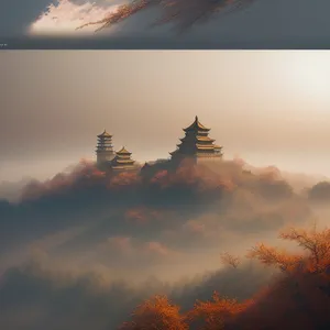 Scenic Temple Sunset: Majestic Celestial Landscape with Clear Sky