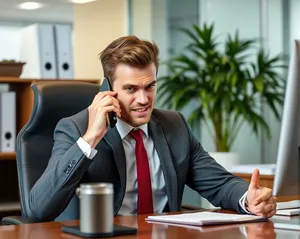 Happy Executive Smiling at Computer in Office Meeting