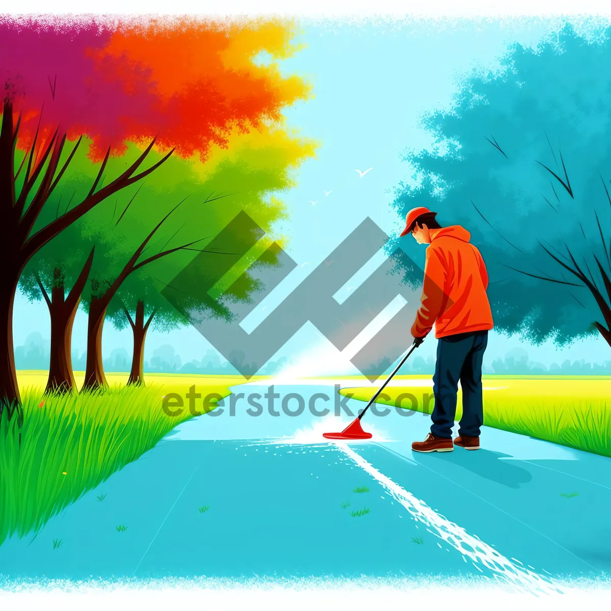 Picture of Silhouette Golfer Cleaning Golf Course at Sunset