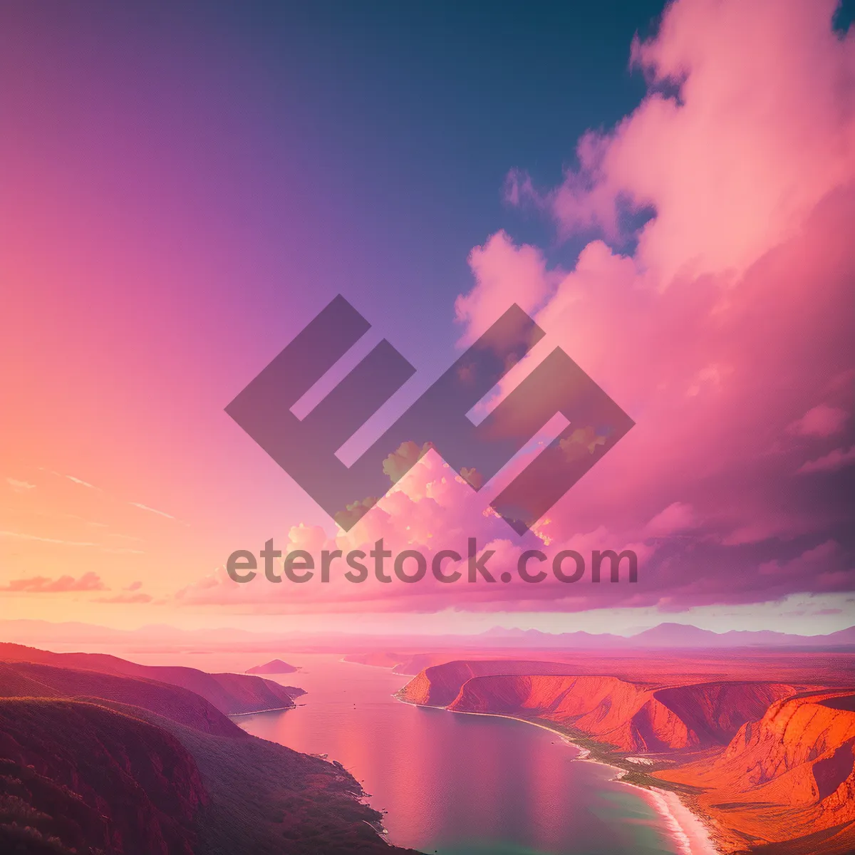 Picture of Scenic Sunset Over Mountainous Valley with Lake