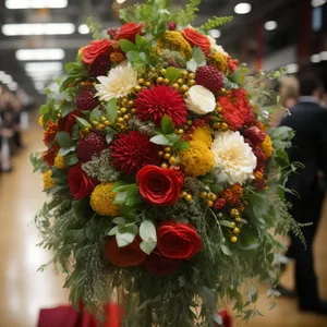 Festive holiday flower arrangement with ornaments and ribbon