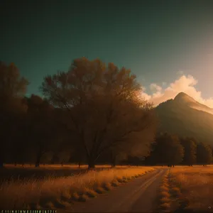 Sunset Over Rural Landscape with Tree