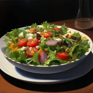 Healthy green salad with fresh vegetables and tasty sauce.