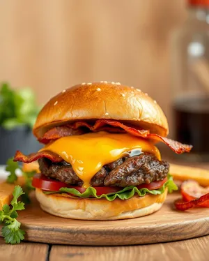 Gourmet cheeseburger with fresh vegetable salad and fries