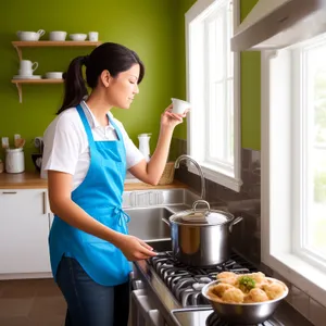 Attractive man cooking in a happy kitchen.