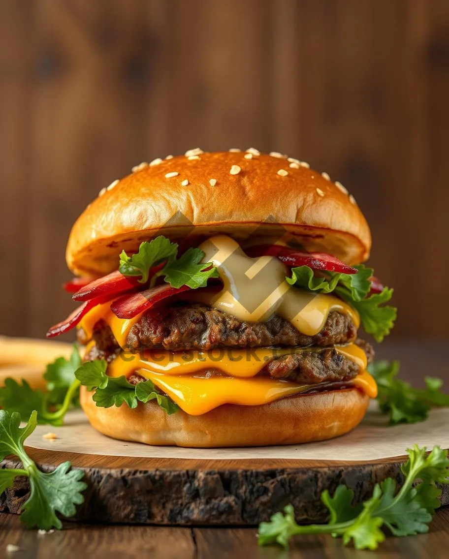 Picture of Gourmet cheeseburger with fresh vegetable salad and fries.