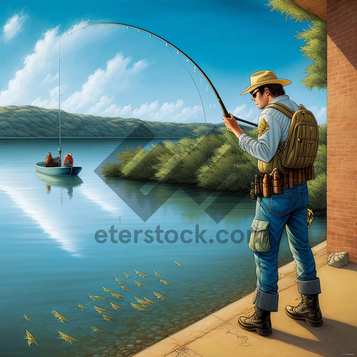 Picture of Male Fisherman Enjoying Outdoor Sport with Fishing Gear