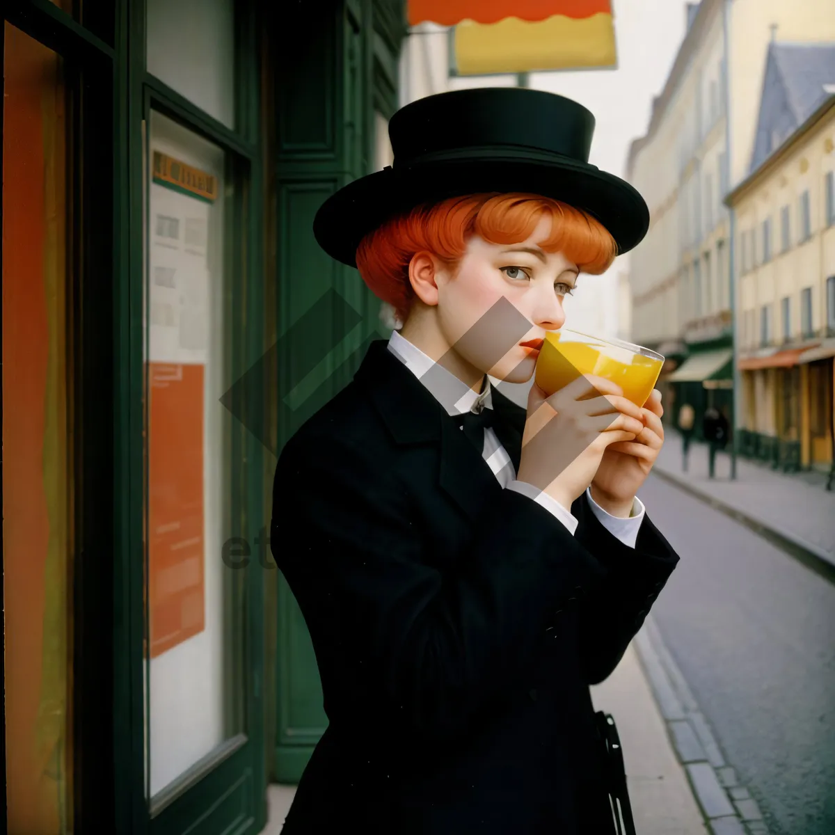 Picture of Happy businessman enjoying ice lolly dessert with kazoo.