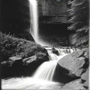 Serene Waterfall Gushing Through Majestic Mountain Landscape