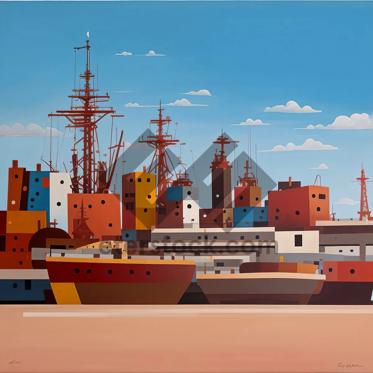 Picture of Busy Shipping Port with Container Ships and Cranes