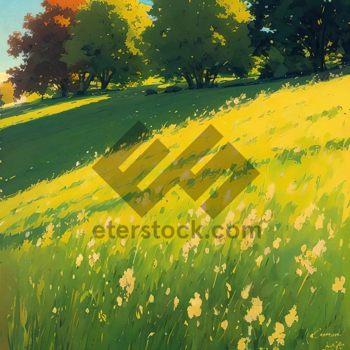 Picture of Idyllic Meadow with Vibrant Yellow Flowers Under Sunny Sky