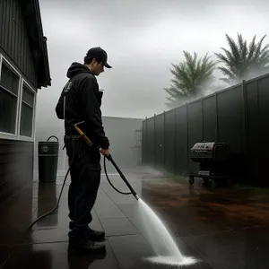 Cleaner man using golf-inspired vacuum outdoors.