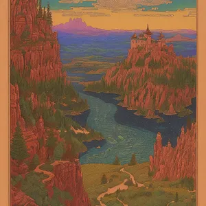 Grand Canyon National Park Landscape Puzzle: Majestic Mountains and River under Orange Desert Sky.