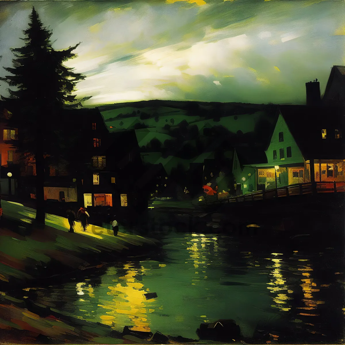 Picture of Cityscape at night reflecting on calm lake water