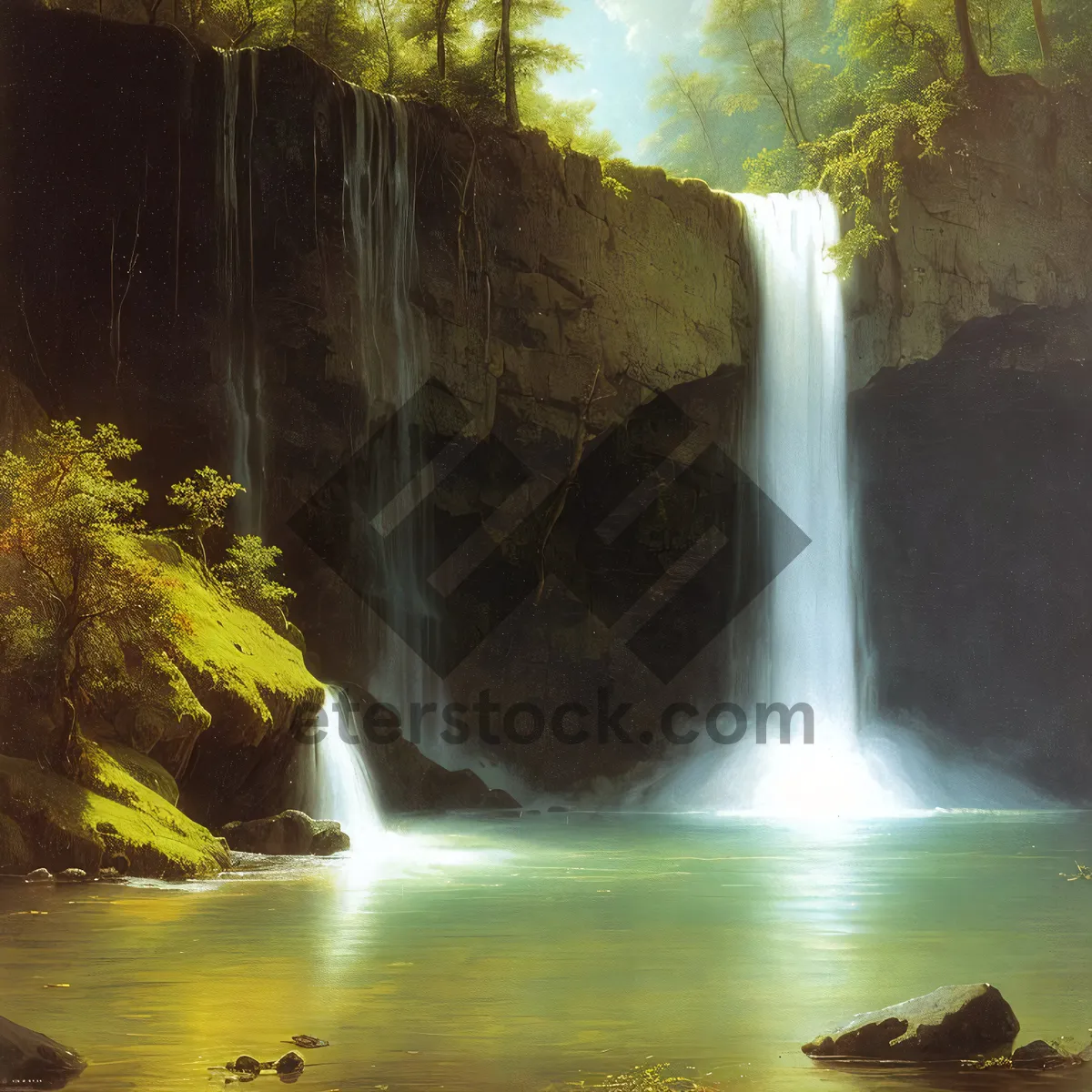 Picture of Serene Cascading River Amidst Lush Forest Landscape