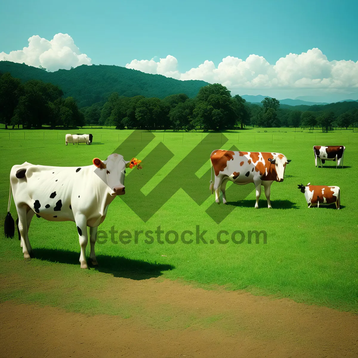 Picture of Rural landscape with grazing cattle on a grassy pasture