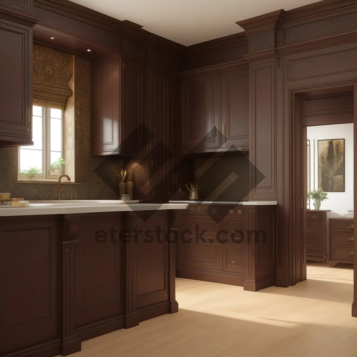 Picture of Modern kitchen interior with sleek wood furniture