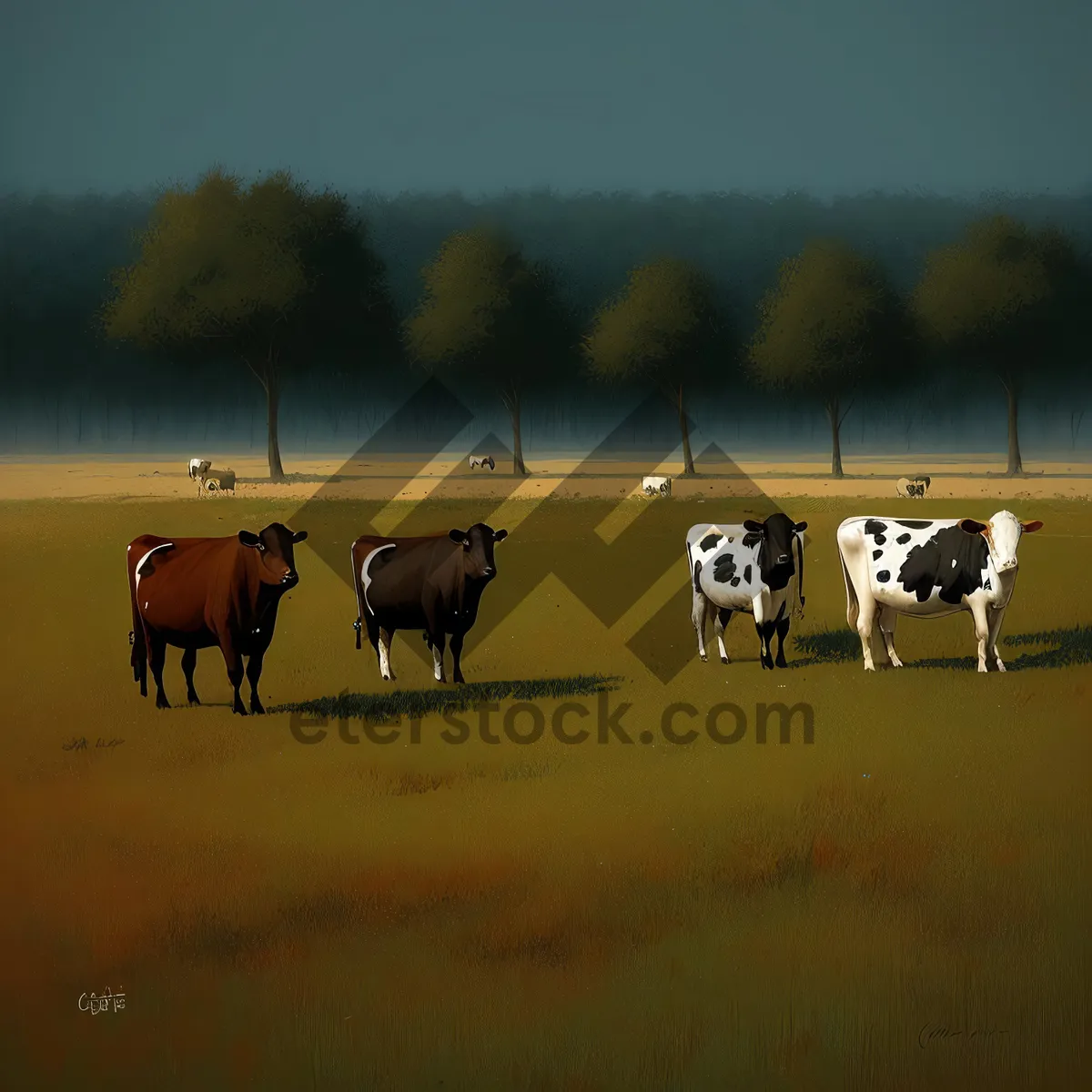 Picture of Serene Countryside Ranch with Grazing Horses and Cattle