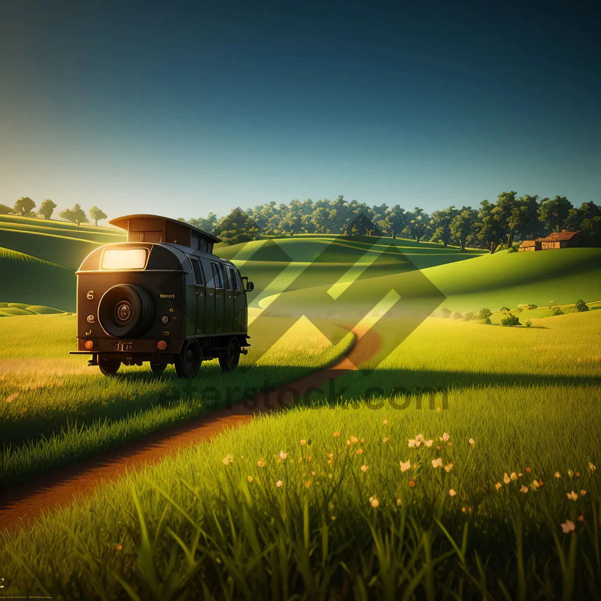 Picture of Idyllic countryside sunset over lush green fields.