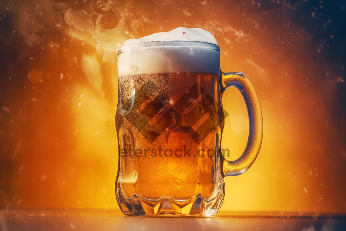 Picture of Cold frothy beer in a golden glass mug.