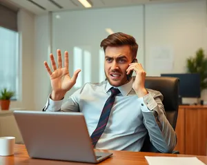 Happy male businessman working on laptop in office