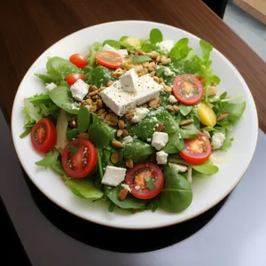 Gourmet vegetable salad with fresh tomato and cucumber slices.