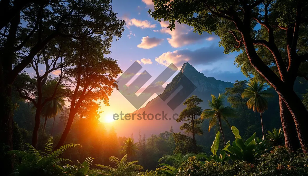 Picture of Sunset over mountain landscape with starry sky