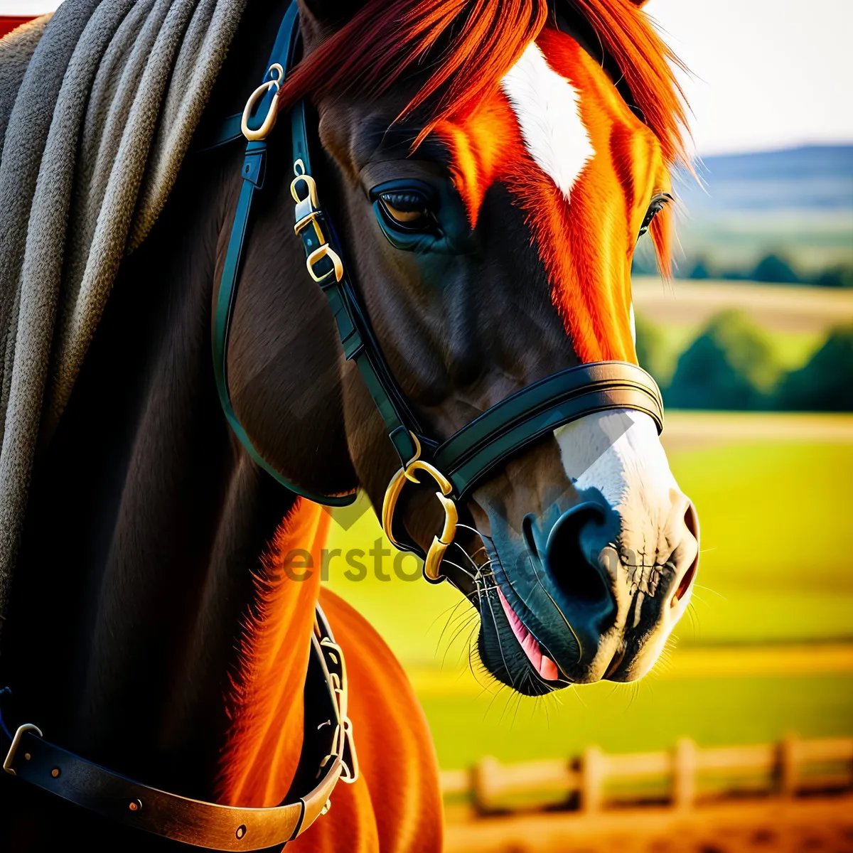 Picture of Brown Thoroughbred Stallion in Bridle and Headgear