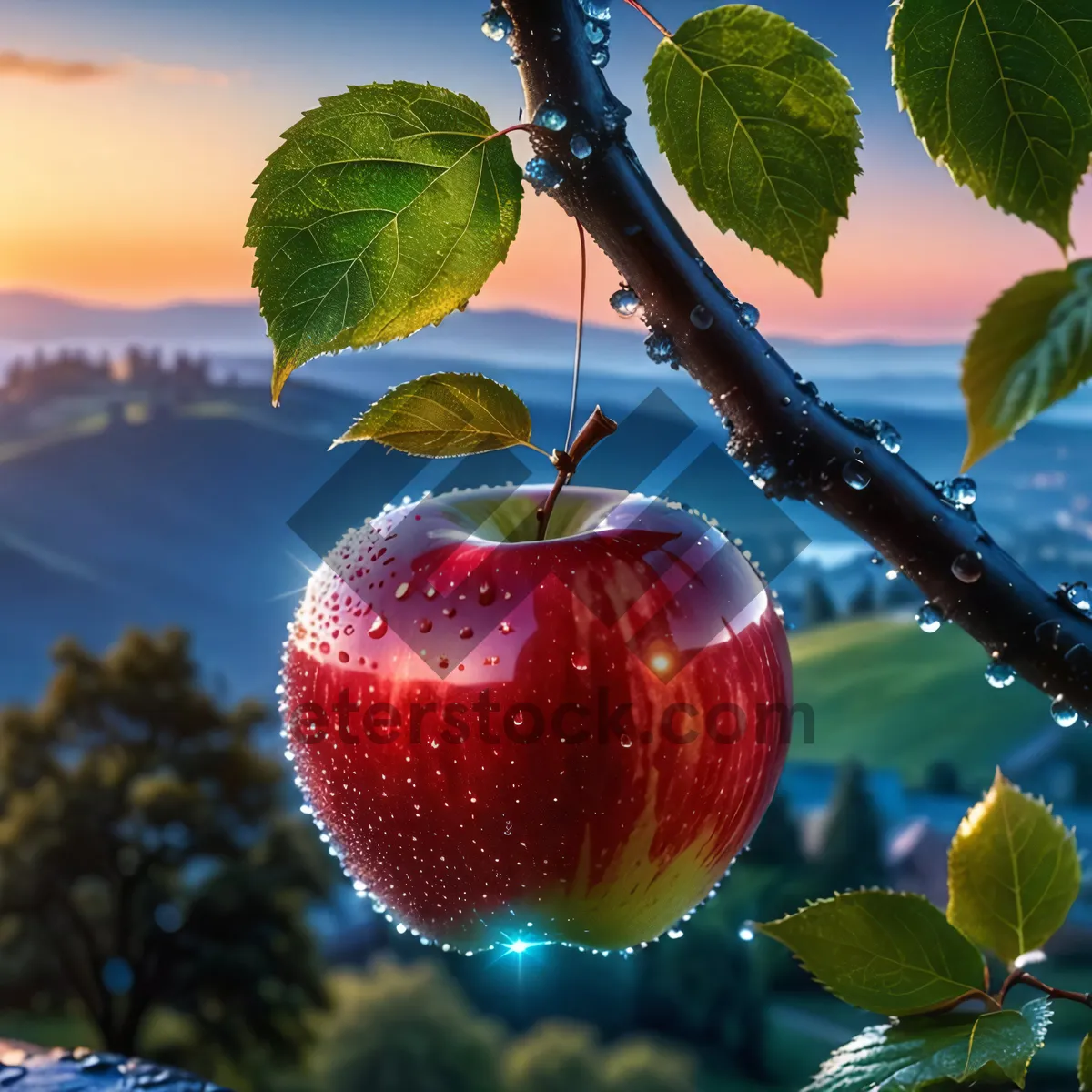 Picture of Juicy Cherry Apple on Branch in Garden