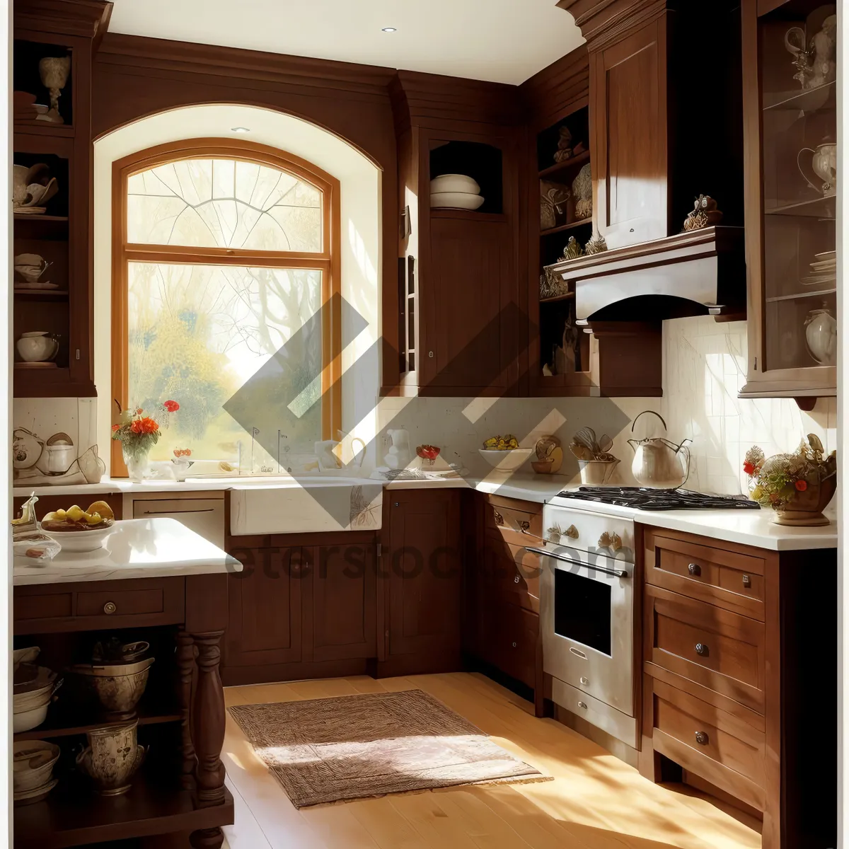 Picture of Modern kitchen interior with luxury design and stainless appliances.