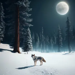 Snowy Winter Dog in Frozen Forest