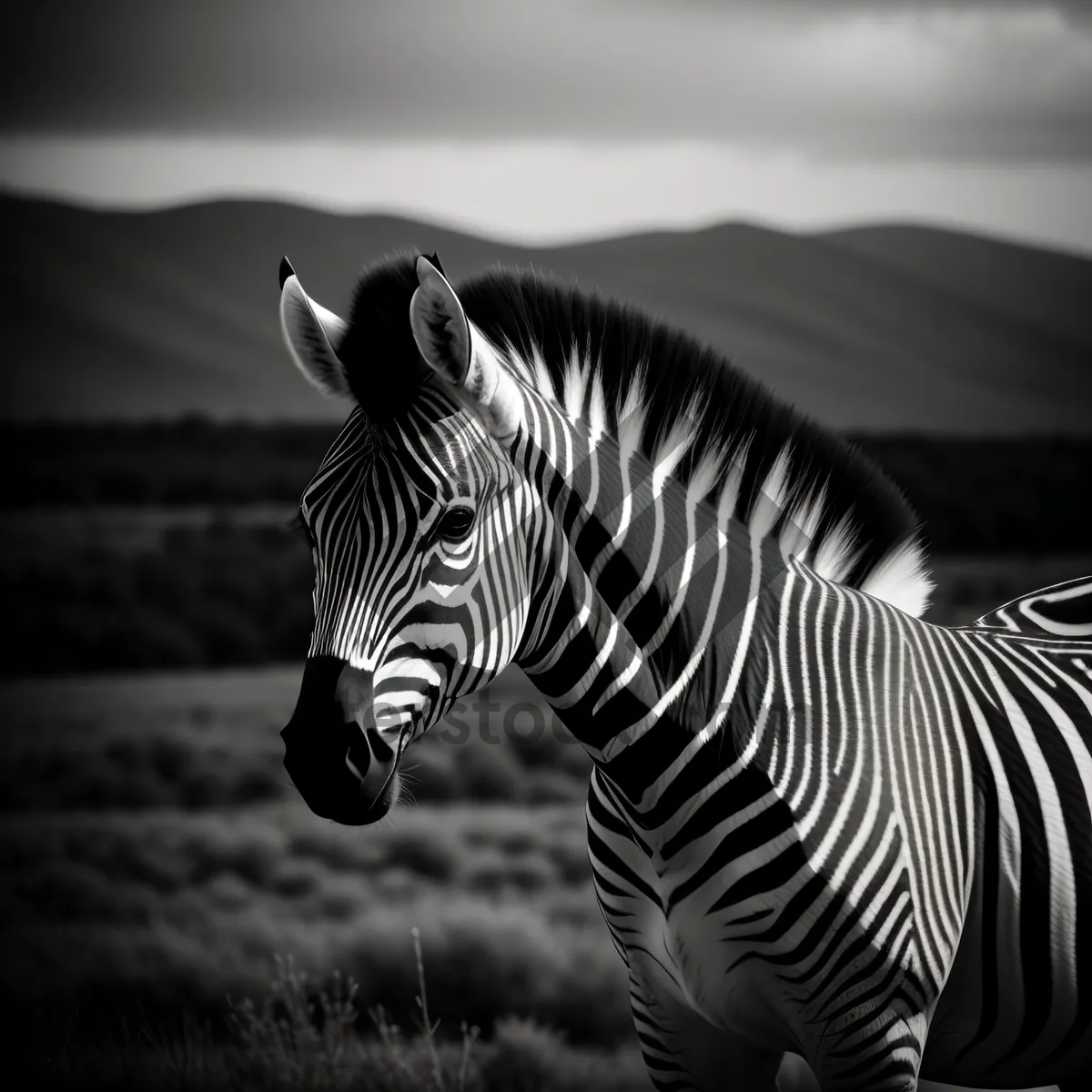 Picture of Wild Striped Zebra Grazing in Grassland