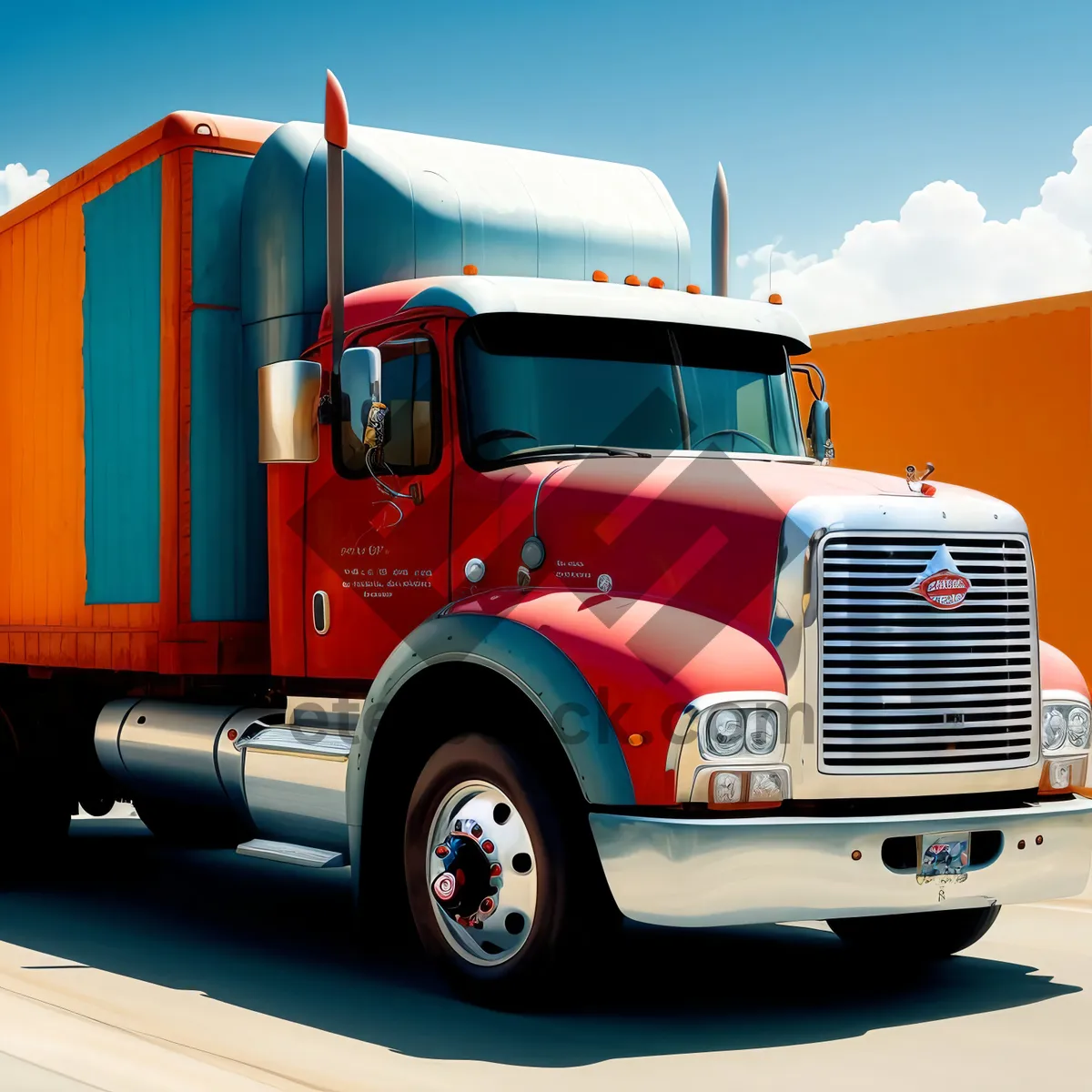 Picture of Freight container truck on highway under cloudy sky.