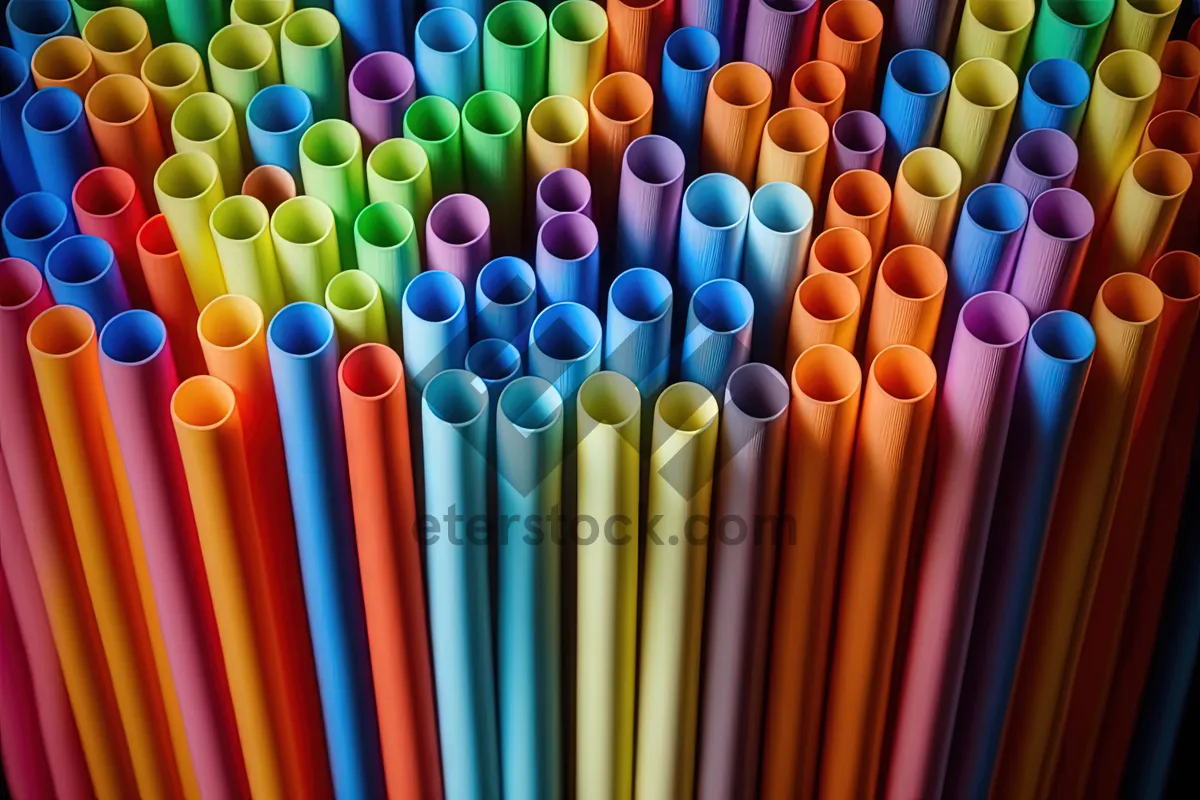 Picture of Colorful row of art supplies on wooden desk.