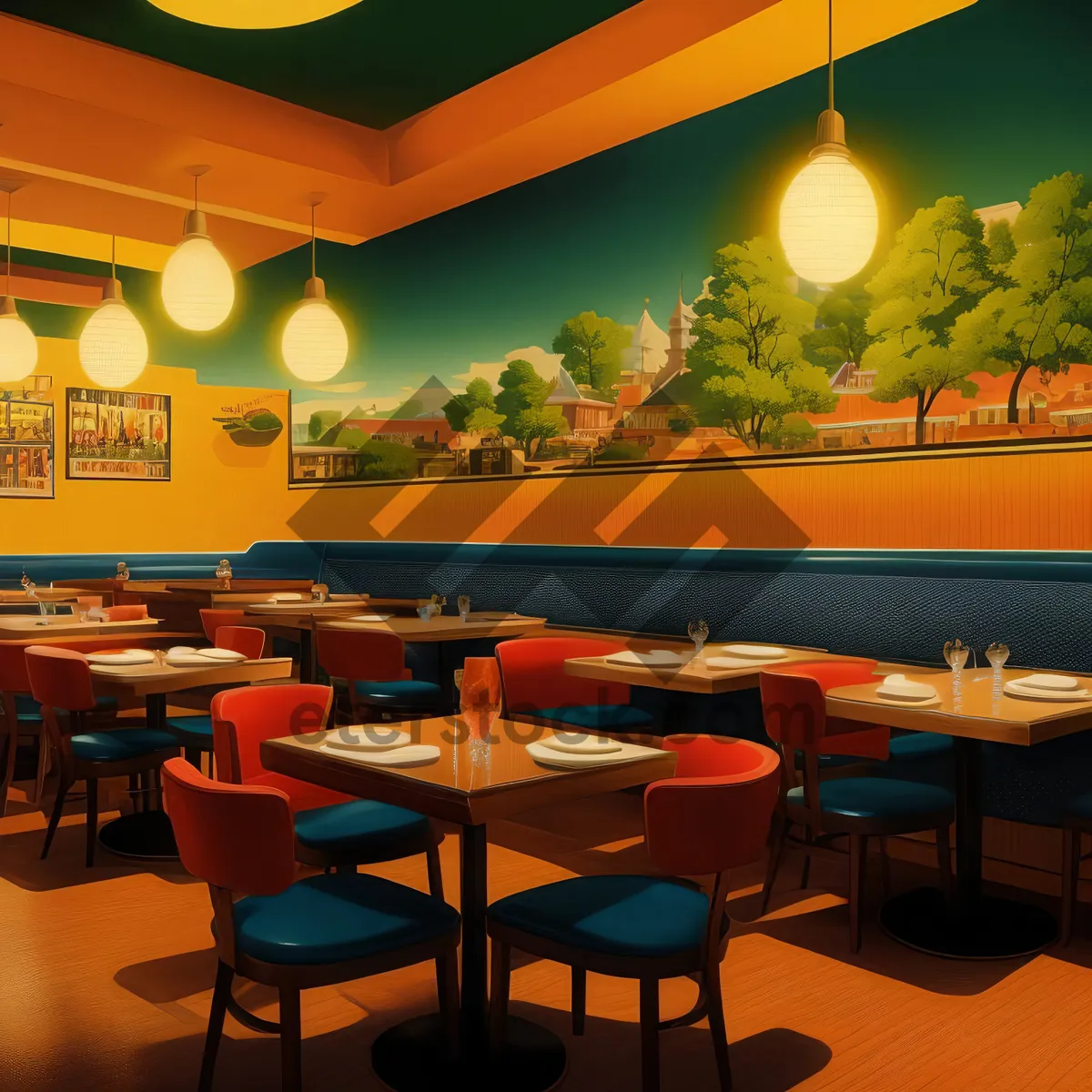 Picture of Modern interior design of empty restaurant space with wooden furniture