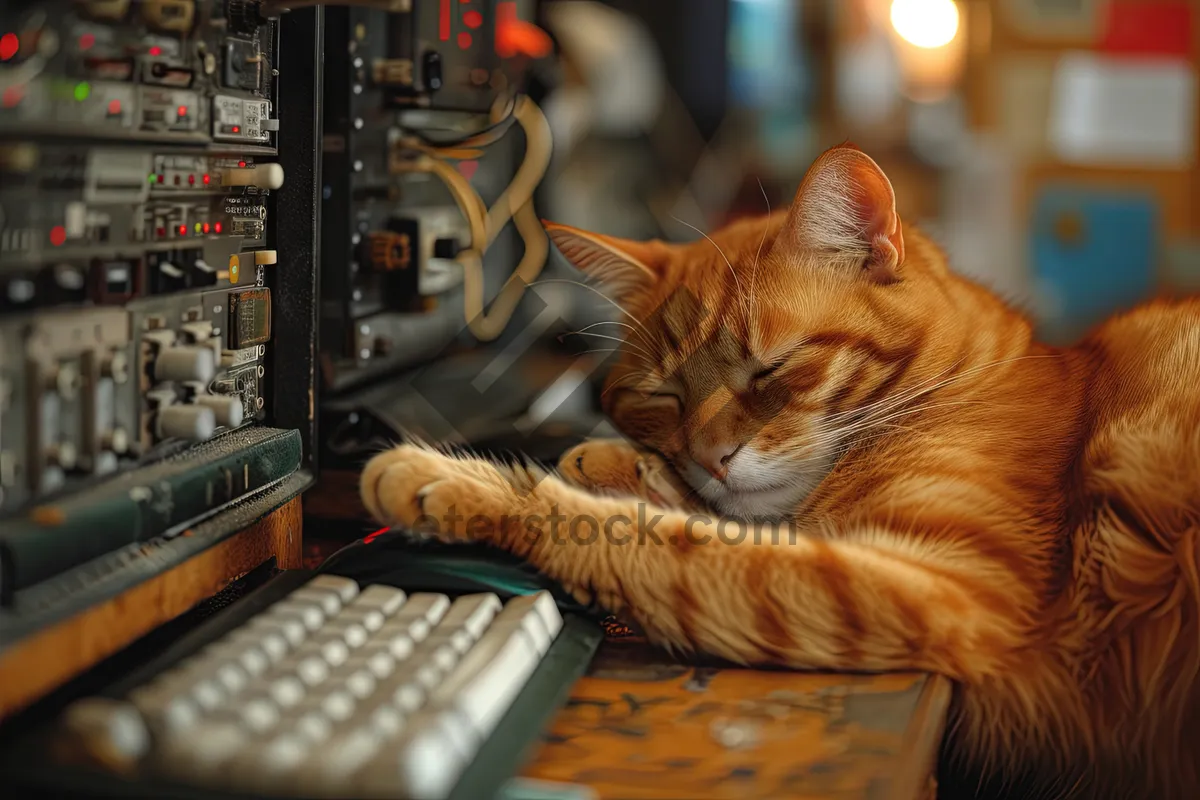 Picture of Adorable feline kitty staring at computer monitor.