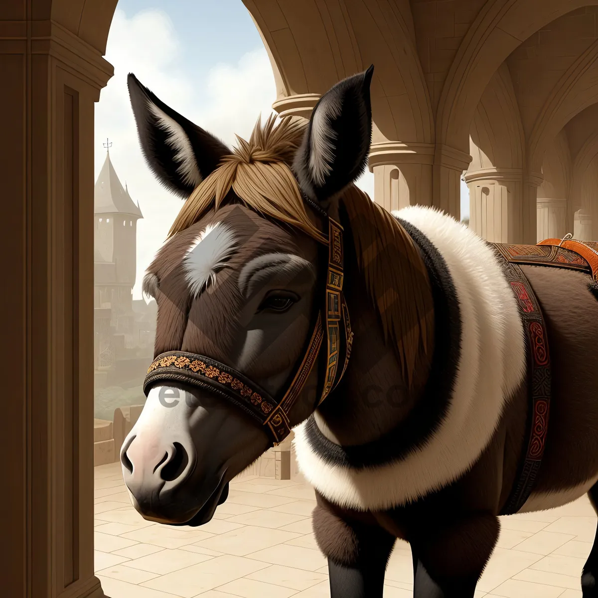 Picture of Brown Stallion in Equestrian Gear at Ranch