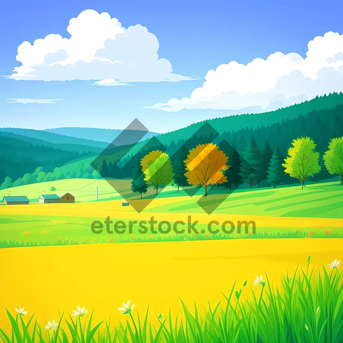 Picture of Vibrant countryside meadow under clear skies