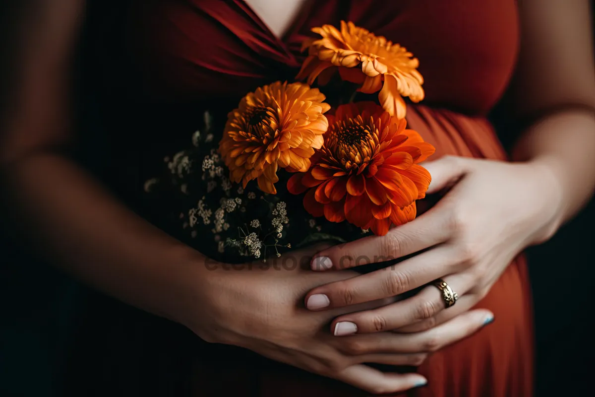 Picture of Attractive brunette model with sensual makeup and flower belly.