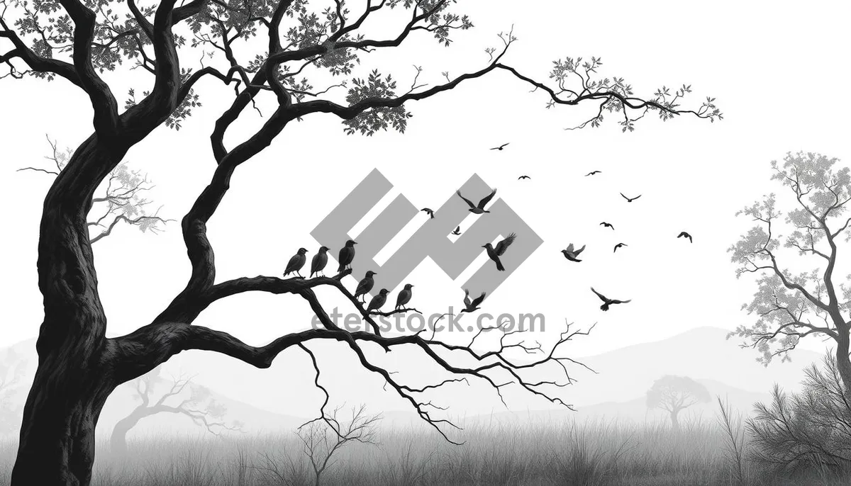 Picture of Silhouette of oak tree branches against winter sky.