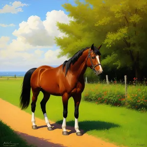 Thoroughbred Stallion Grazing in Rural Meadow