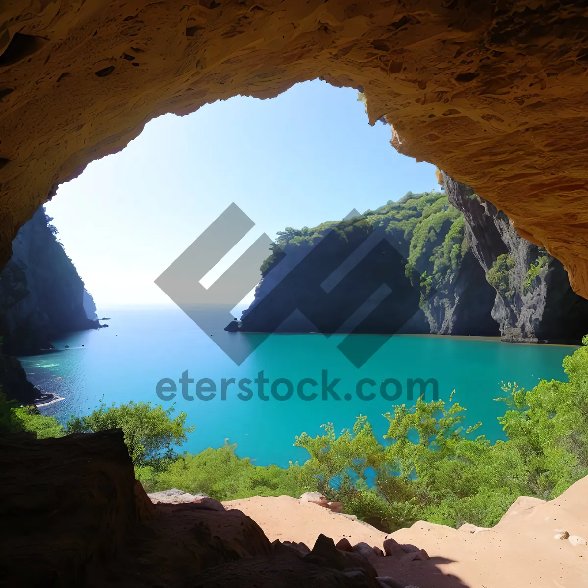 Picture of Coastal Serenity: Majestic Mountains, Cave, and Beach