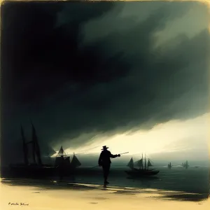 Sunset Shipwreck on Island Coast: Serene maritime scene with vessel silhouette amidst golden rays, beach, and azure sea.