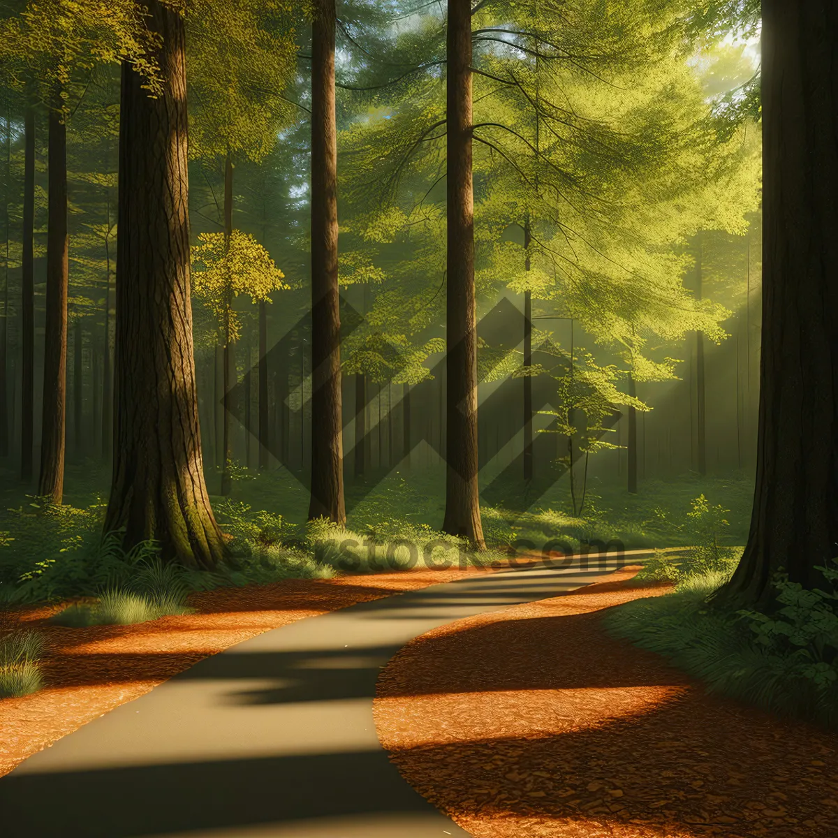 Picture of Serene Sunlit Forest Path in Autumn