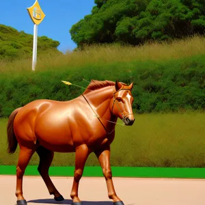 Beautiful Thoroughbred Stallion Grazing in Rural Meadow