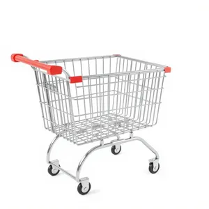 3D supermarket shopping cart with metal wheels.